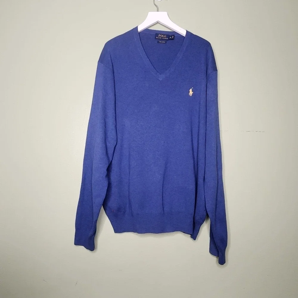 Men's Blue Pullover Sweater Polo Ralph Lauren Pima Cotton XL Ribbed Cuffs/Hem‎